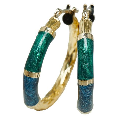ゴールド ブルー グリーン K18YG イエローゴールド エナメル フープピアス レディース 【中古】