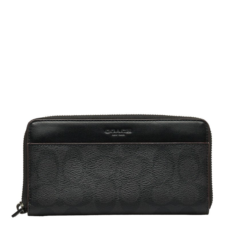 コーチ シグネチャー アコーディオン ラウンドファスナー 長財布 F25517 ブラック PVC レザー メンズ COACH 【中古】
