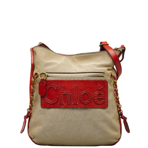 クロエ ハーレー 斜め掛け ショルダーバッグ ベージュ レッド キャンバス レザー レディース Chloe 【中古】