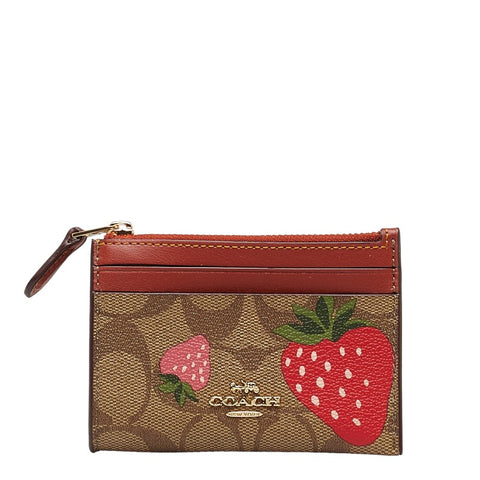 コーチ ミニ スキニー シグネチャー ストロベリー プリント パスケース 小銭入れ ブラウン ピンク PVC レザー レディース COACH 【中古】