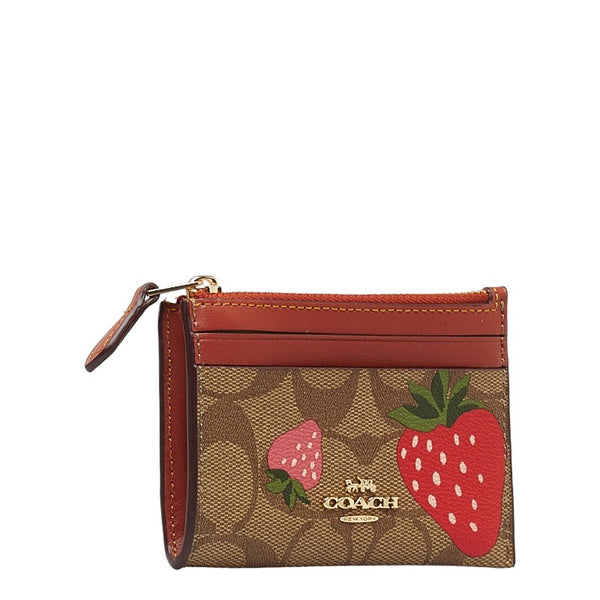 コーチ ミニ スキニー シグネチャー ストロベリー プリント パスケース 小銭入れ ブラウン ピンク PVC レザー レディース COACH 【中古】