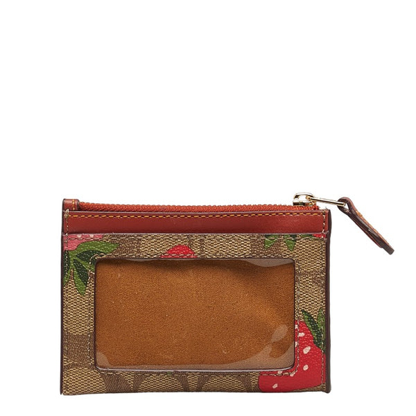 コーチ ミニ スキニー シグネチャー ストロベリー プリント パスケース 小銭入れ ブラウン ピンク PVC レザー レディース COACH 【中古】
