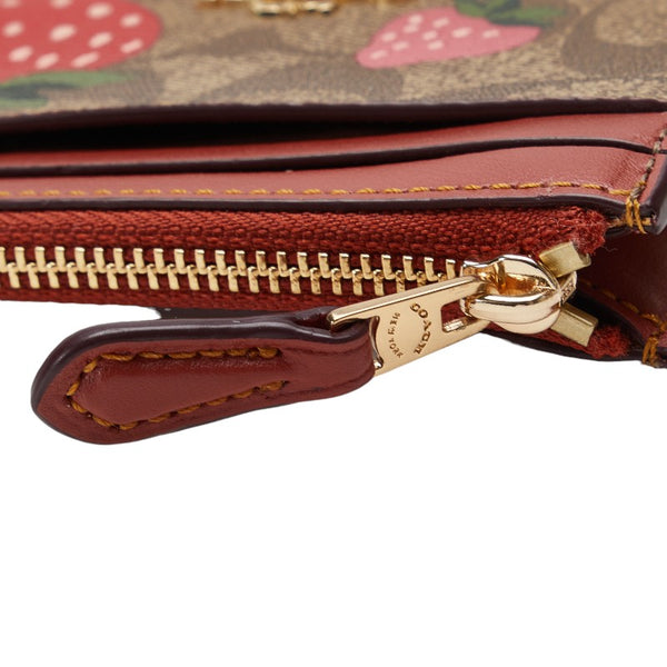 コーチ ミニ スキニー シグネチャー ストロベリー プリント パスケース 小銭入れ ブラウン ピンク PVC レザー レディース COACH 【中古】