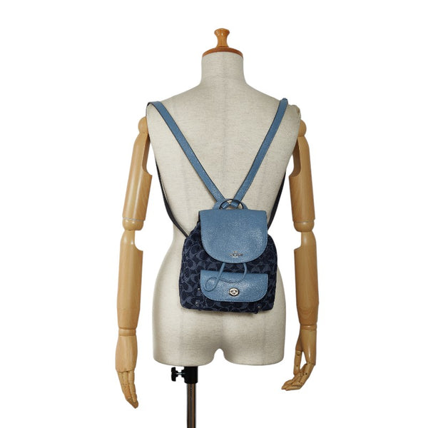 コーチ シグネチャー ロゴ シルバー金具 ビリー リュック バックパック F25893 ブルー キャンバス レザー レディース COACH 【中古】