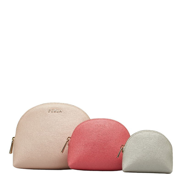 フルラ ロゴ ポーチ3点セット ピンク グレー レザー レディース Furla 【中古】