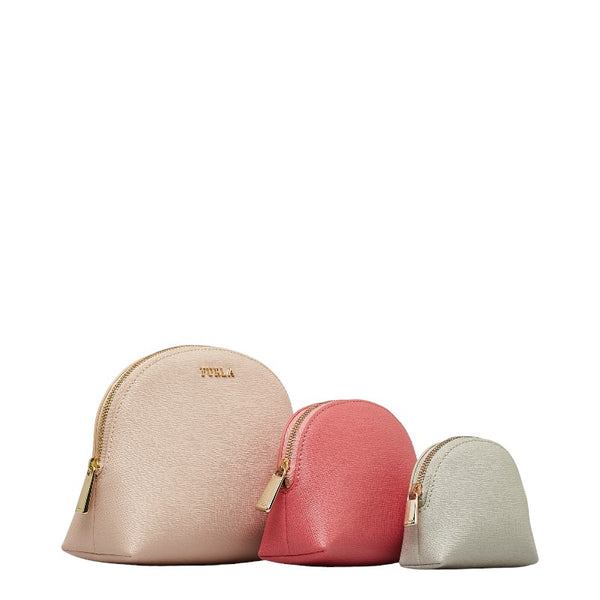 フルラ ロゴ ポーチ3点セット ピンク グレー レザー レディース Furla 【中古】
