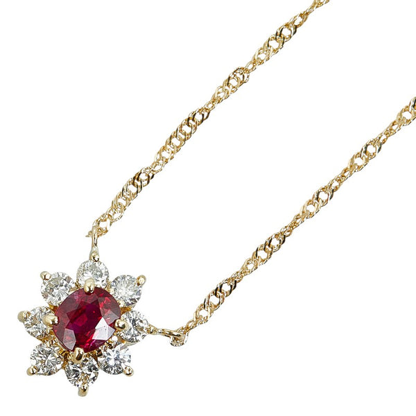 K18YG イエローゴールド ルビー0.63ct ダイヤ0.41ct フラワー 花 モチーフ ペンダントネックレス レディース 【中古】