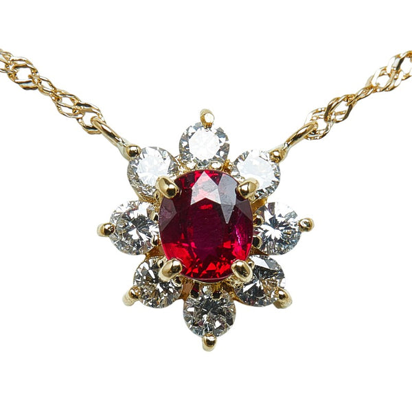 K18YG イエローゴールド ルビー0.63ct ダイヤ0.41ct フラワー 花 モチーフ ペンダントネックレス レディース 【中古】