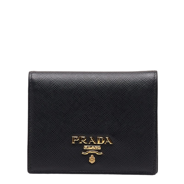 プラダ サフィアーノ 二つ折り財布 1MV204 ブラック ゴールド レザー レディース PRADA 【中古】