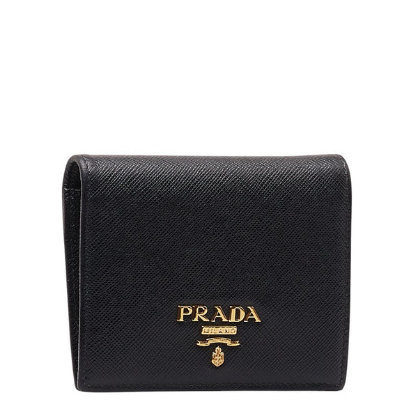 プラダ サフィアーノ 二つ折り財布 1MV204 ブラック ゴールド レザー レディース PRADA 【中古】