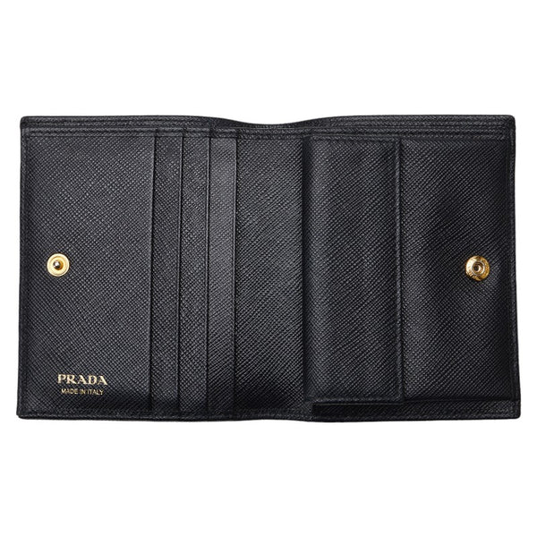 プラダ サフィアーノ 二つ折り財布 1MV204 ブラック ゴールド レザー レディース PRADA 【中古】