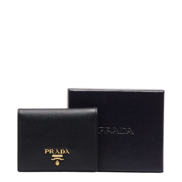 プラダ サフィアーノ 二つ折り財布 1MV204 ブラック ゴールド レザー レディース PRADA 【中古】
