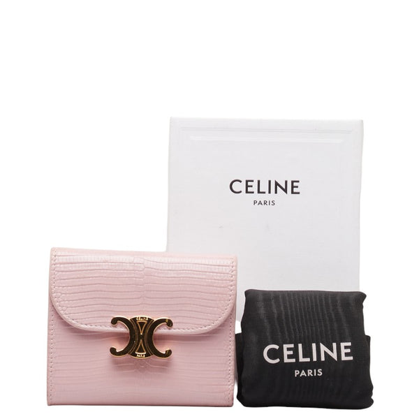 セリーヌ トリオンフ スモールウォレット 二つ折り財布 パステルローズ ピンク ゴールド リザード レザー レディース CELINE 【中古】