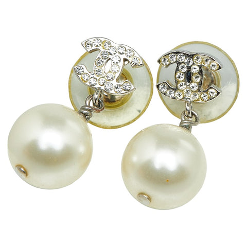 シャネル ココマーク ラインストーン フェイクパール ピアス シルバー ホワイト メタル レディース CHANEL 【中古】