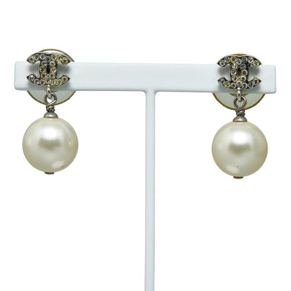 シャネル ココマーク ラインストーン フェイクパール ピアス シルバー ホワイト メタル レディース CHANEL 【中古】