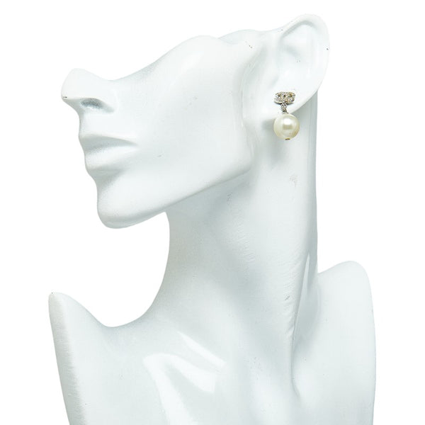 シャネル ココマーク ラインストーン フェイクパール ピアス シルバー ホワイト メタル レディース CHANEL 【中古】