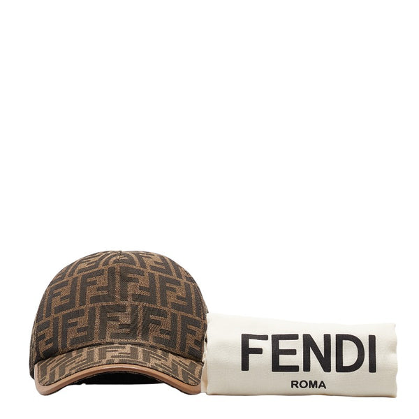 フェンディ ズッカ ベースボールキャップ FXQ768 ブラウン ベージュ キャンバス レザー メンズ FENDI 【中古】