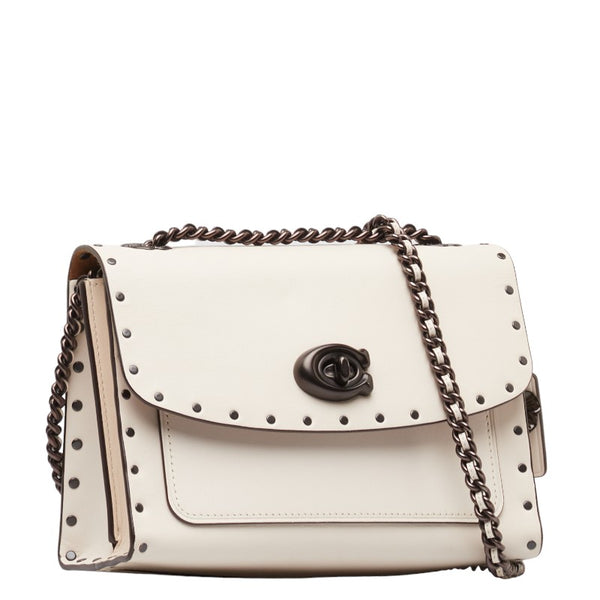 コーチ パーカー 18 ウィズ ボーダー リベット チョーク チェーン ショルダーバッグ 29389 アイボリー ホワイト レザー レディース COACH 【中古】