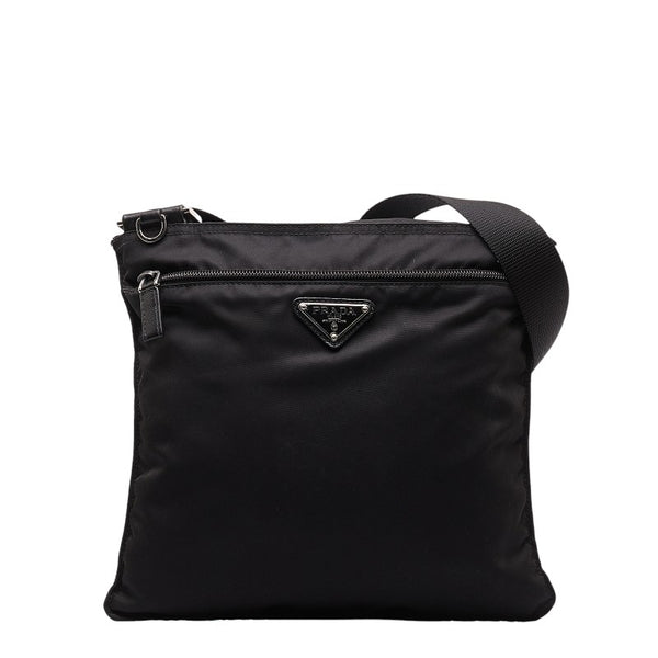 プラダ 三角ロゴプレート 斜め掛け ショルダーバッグ ブラック ナイロン レザー レディース PRADA 【中古】