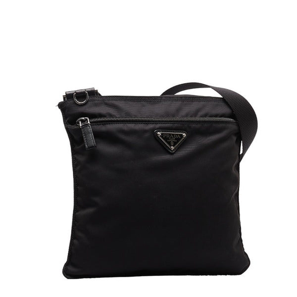 プラダ 三角ロゴプレート 斜め掛け ショルダーバッグ ブラック ナイロン レザー レディース PRADA 【中古】