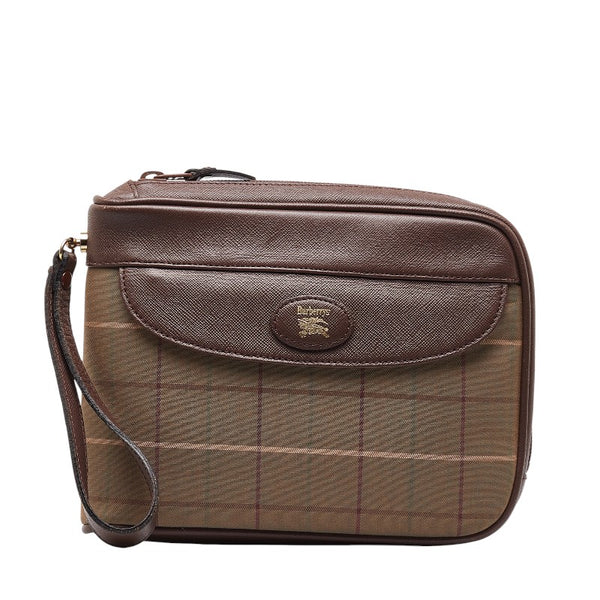バーバリー チェック ポーチ セカンドバッグ  カーキ ブラウン キャンバス レザー レディース BURBERRY 【中古】