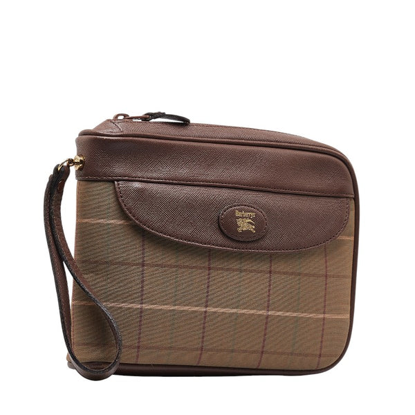 バーバリー チェック ポーチ セカンドバッグ  カーキ ブラウン キャンバス レザー レディース BURBERRY 【中古】