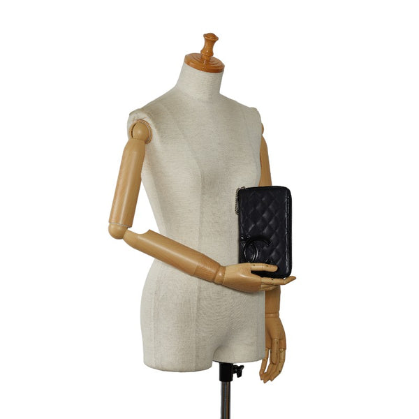 シャネル カンボンライン ココマーク ラウンドファスナー 長財布 ブラック レザー レディース CHANEL 【中古】