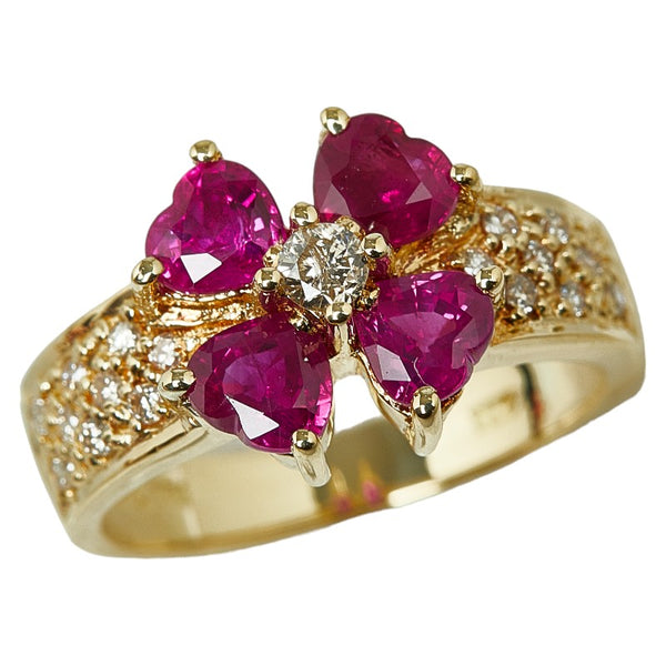 K18YG イエローゴールド ルビー1.50ct ダイヤ0.23ct クローバーモチーフ リング 指輪 レディース 8.5号 【中古】