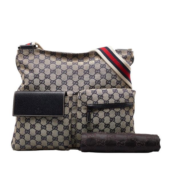 グッチ GGキャンバス シェリーライン 斜め掛け ショルダーバッグ 169937 ベージュ ネイビー キャンバス レザー レディース GUCCI 【中古】