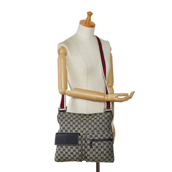 グッチ GGキャンバス シェリーライン 斜め掛け ショルダーバッグ 169937 ベージュ ネイビー キャンバス レザー レディース GUCCI 【中古】