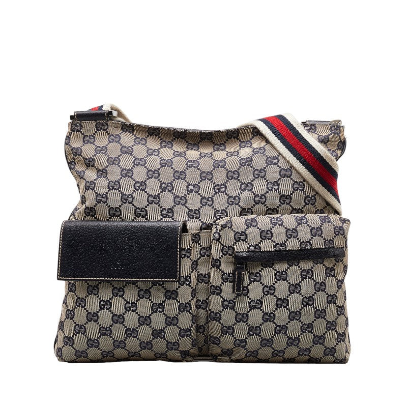 グッチ GGキャンバス シェリーライン 斜め掛け ショルダーバッグ 169937 ベージュ ネイビー キャンバス レザー レディース GUCCI 【中古】
