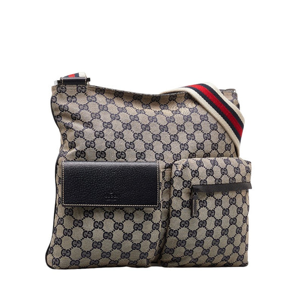 グッチ GGキャンバス シェリーライン 斜め掛け ショルダーバッグ 169937 ベージュ ネイビー キャンバス レザー レディース GUCCI 【中古】