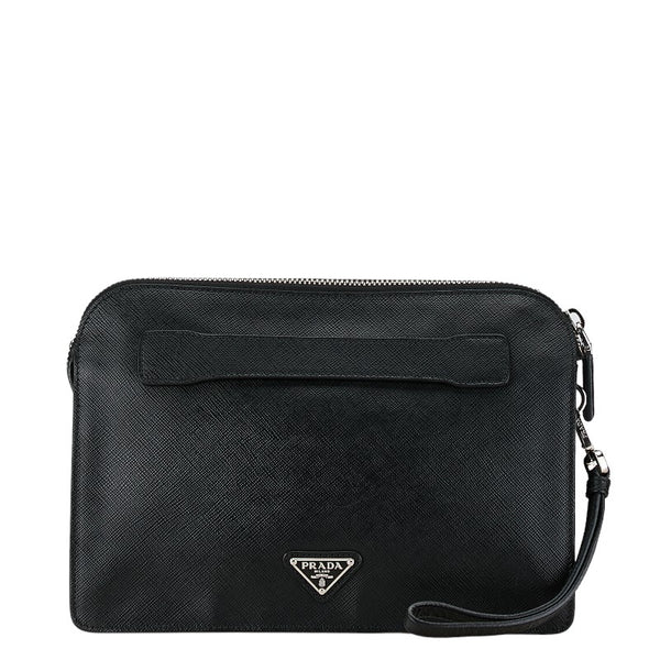 プラダ サフィアーノ クラッチバッグ セカンドバッグ ブラック レザー メンズ PRADA 【中古】