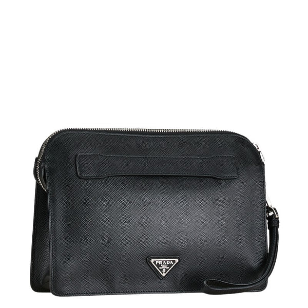 プラダ サフィアーノ クラッチバッグ セカンドバッグ ブラック レザー メンズ PRADA 【中古】