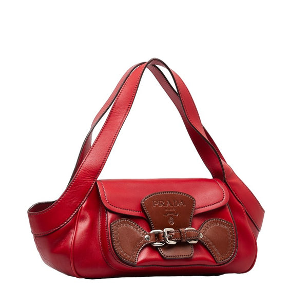 プラダ ロゴ ワンショルダーバッグ ハンドバッグ BR3021 レッド ブラウン レザー レディース PRADA 【中古】