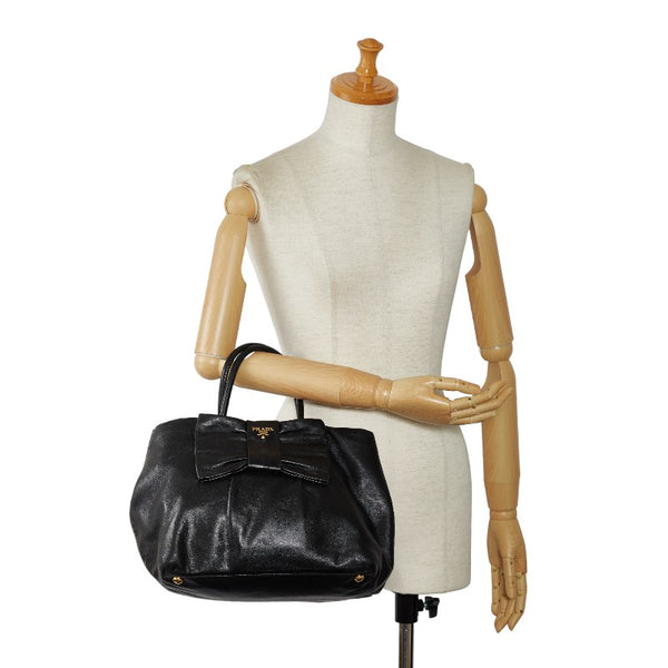プラダ リボン ハンドバッグ トートバッグ BN1601 ブラック レザー レディース PRADA 【中古】
