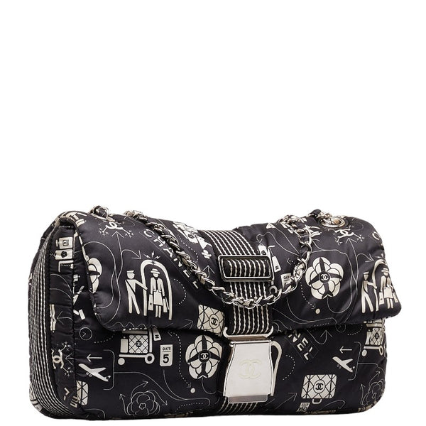 シャネル エアライン チェーン ショルダーバッグ ブラック ホワイト シルバー ナイロン レディース CHANEL 【中古】