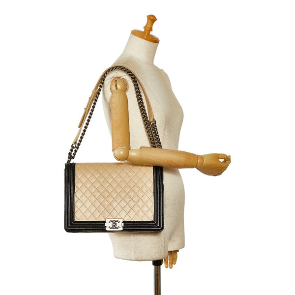 シャネル ココマーク ボーイシャネル ラージ チェーンショルダーバッグ ベージュ ブラック ラムスキン レディース CHANEL 【中古】