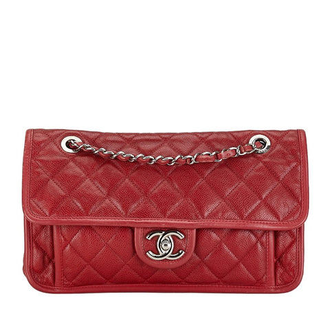 シャネル フレンチリビエラ マトラッセ チェーン ショルダーバッグ レッド キャビアスキン レディース CHANEL 【中古】