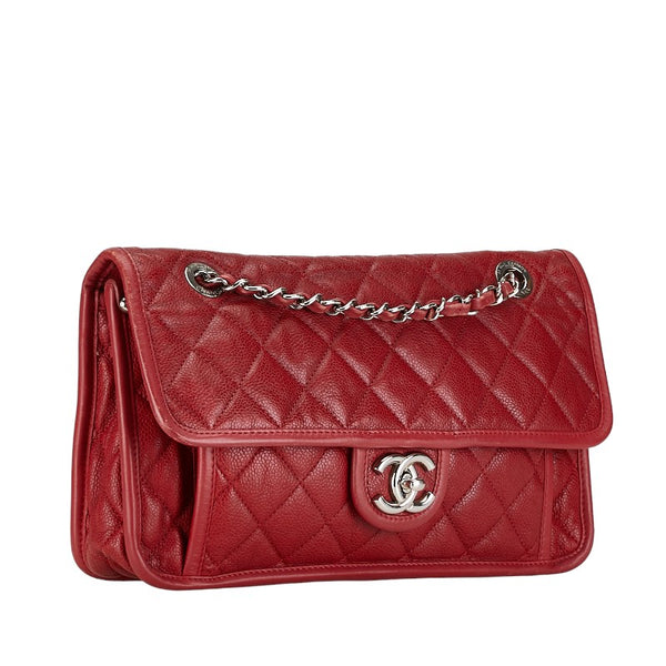 シャネル フレンチリビエラ マトラッセ チェーン ショルダーバッグ レッド キャビアスキン レディース CHANEL 【中古】