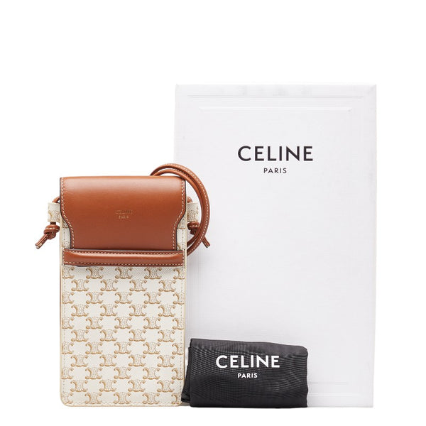 セリーヌ トリオンフ 携帯ケース ショルダーバッグ ホワイト タン PVC レザー レディース CELINE 【中古】