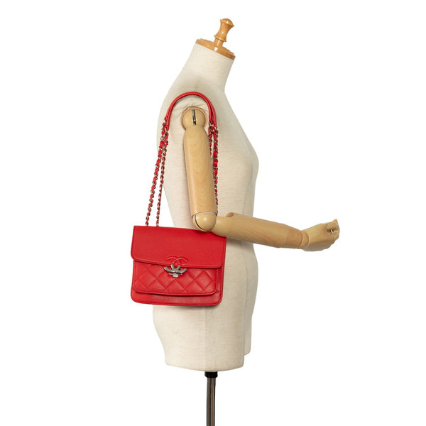 シャネル ココマーク チェーンショルダーバッグ レッド シルバー レザー レディース CHANEL 【中古】