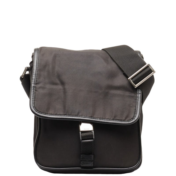 プラダ 三角ロゴプレート 斜め掛けショルダーバッグ ブラック ナイロン レザー レディース PRADA 【中古】