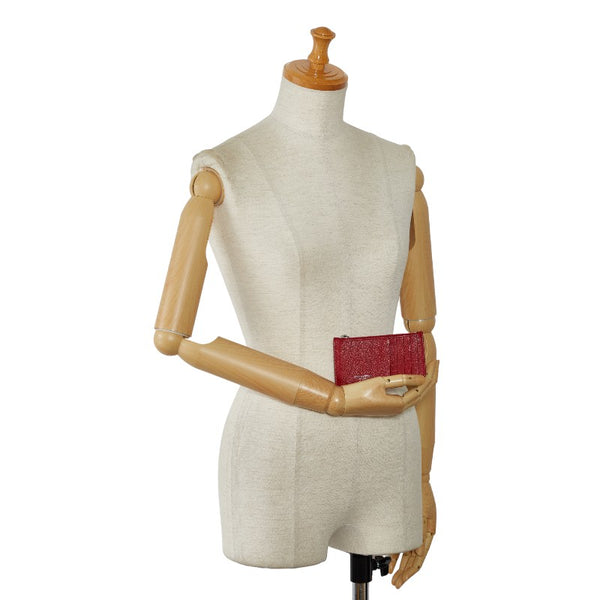 サンローラン フラグメントジップポーチ コインケース 小銭入れ レッド シルバー レザー レディース SAINT LAURENT 【中古】