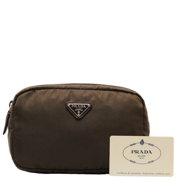 プラダ 三角ロゴプレート ポーチ MV21X ブラウン ナイロン レディース PRADA 【中古】