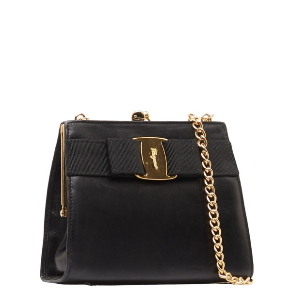 サルヴァトーレフェラガモ ヴァラリボン 斜め掛け チェーン ショルダーバッグ ブラック レザー キャンバス レディース Salvatore Ferragamo 【中古】