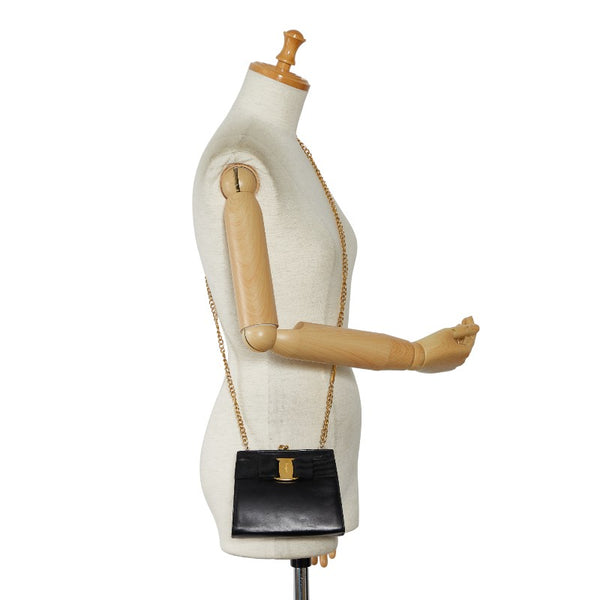 サルヴァトーレフェラガモ ヴァラリボン 斜め掛け チェーン ショルダーバッグ ブラック レザー キャンバス レディース Salvatore Ferragamo 【中古】