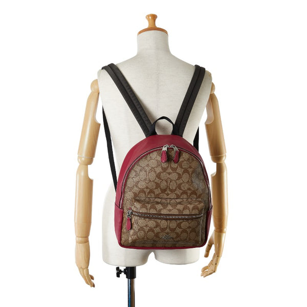 コーチ シグネチャー リュック バックパック F32200 ベージュ ピンク PVC レザー レディース COACH 【中古】