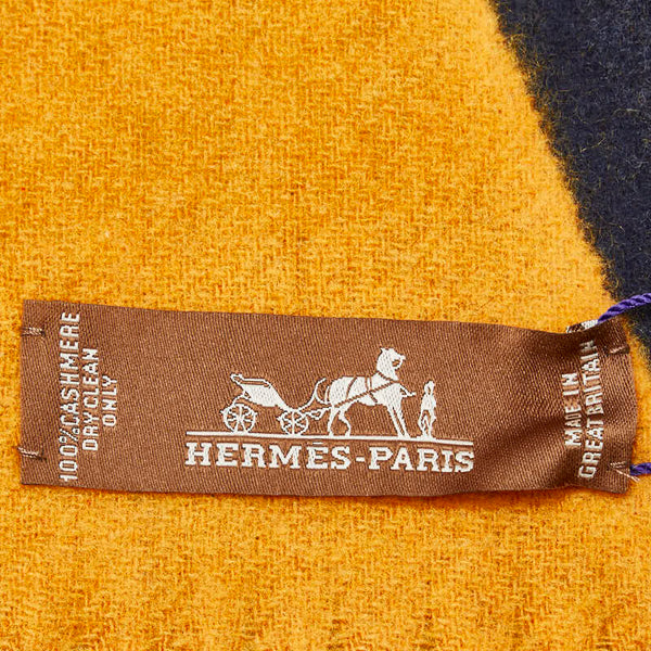 エルメス マフラー イエロー ネイビー カシミヤ レディース HERMES 【中古】