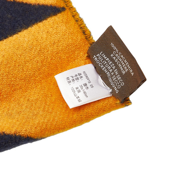 エルメス マフラー イエロー ネイビー カシミヤ レディース HERMES 【中古】